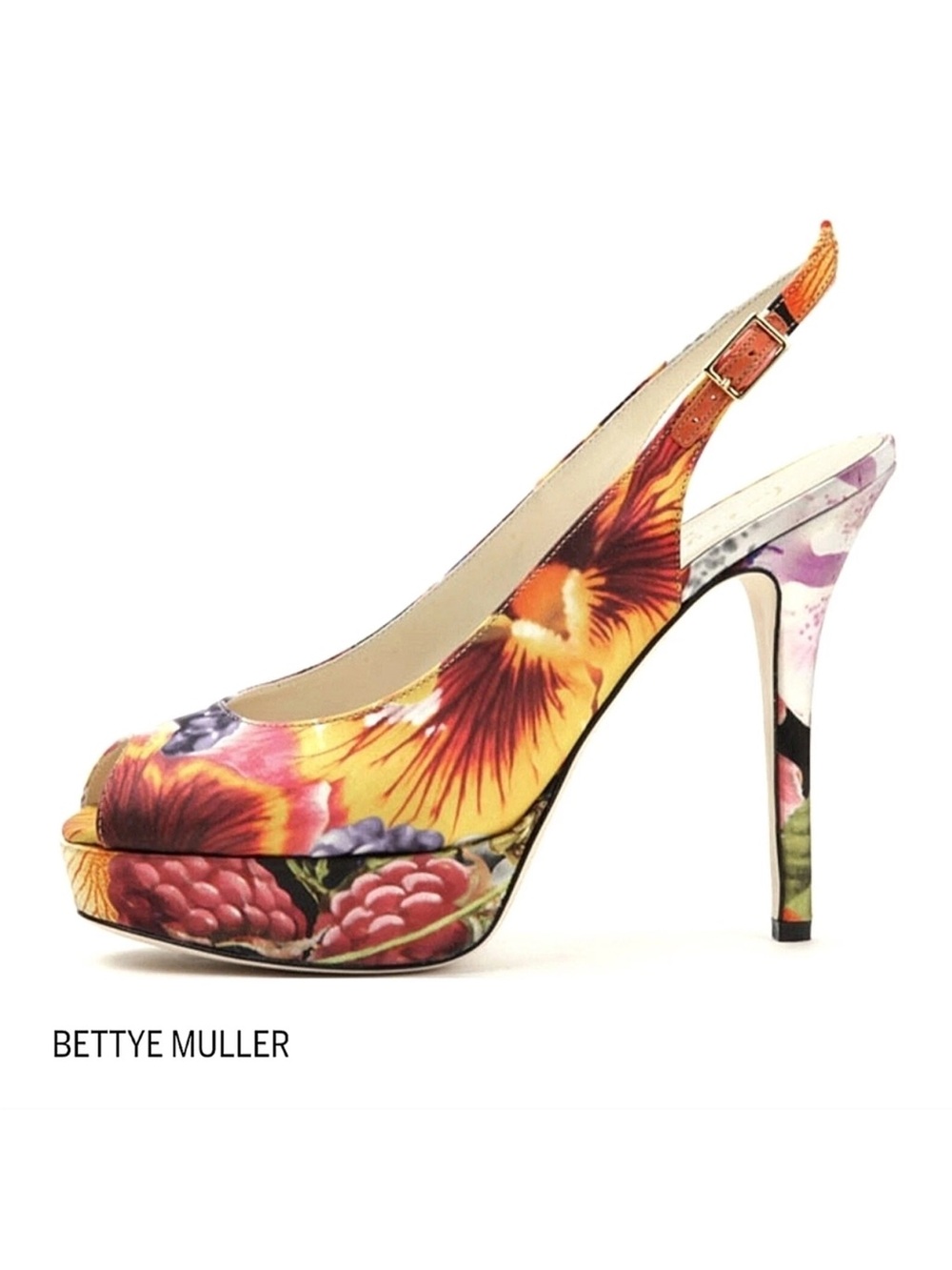 bettye muller Bombshell Floral Satin Slingback Peep-Toe Heels Size 38.5